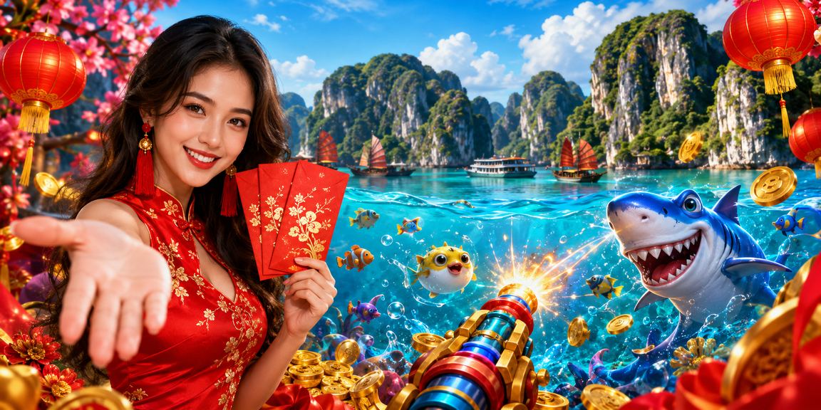 Người chơi game bắn cá trên thuyền tại vịnh Hạ Long với ánh đèn lồng lung linh